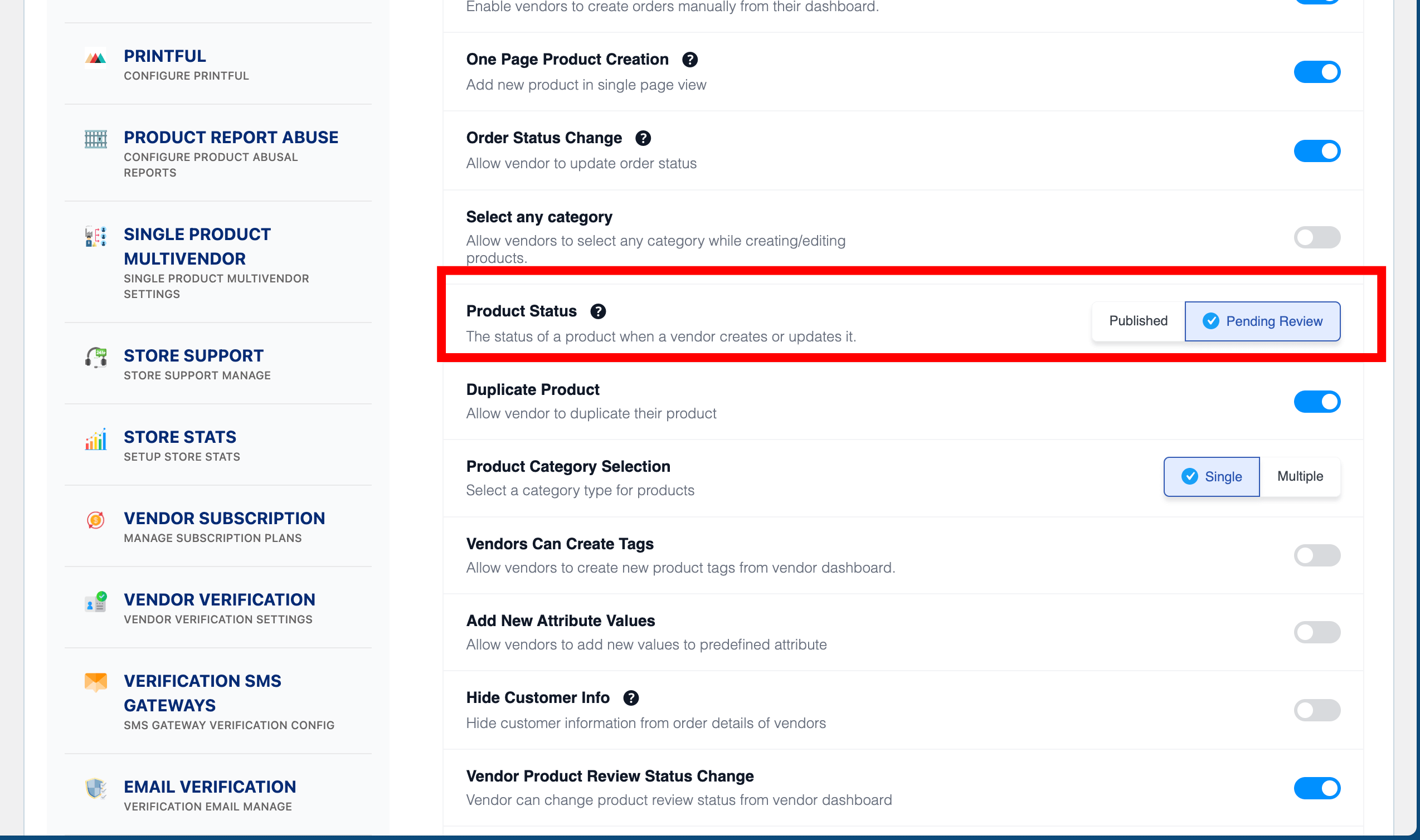 This is a screenshot of product status