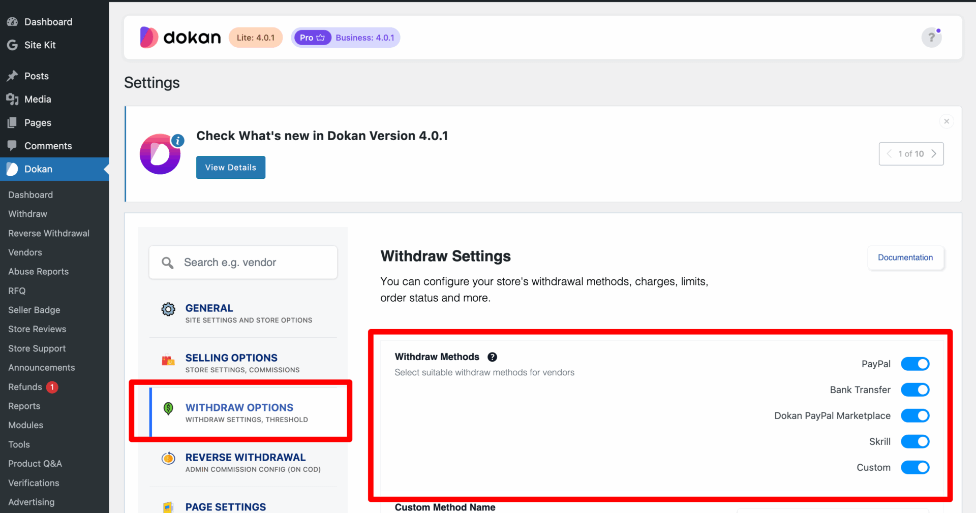 This is a screenshot of withdraw methods
