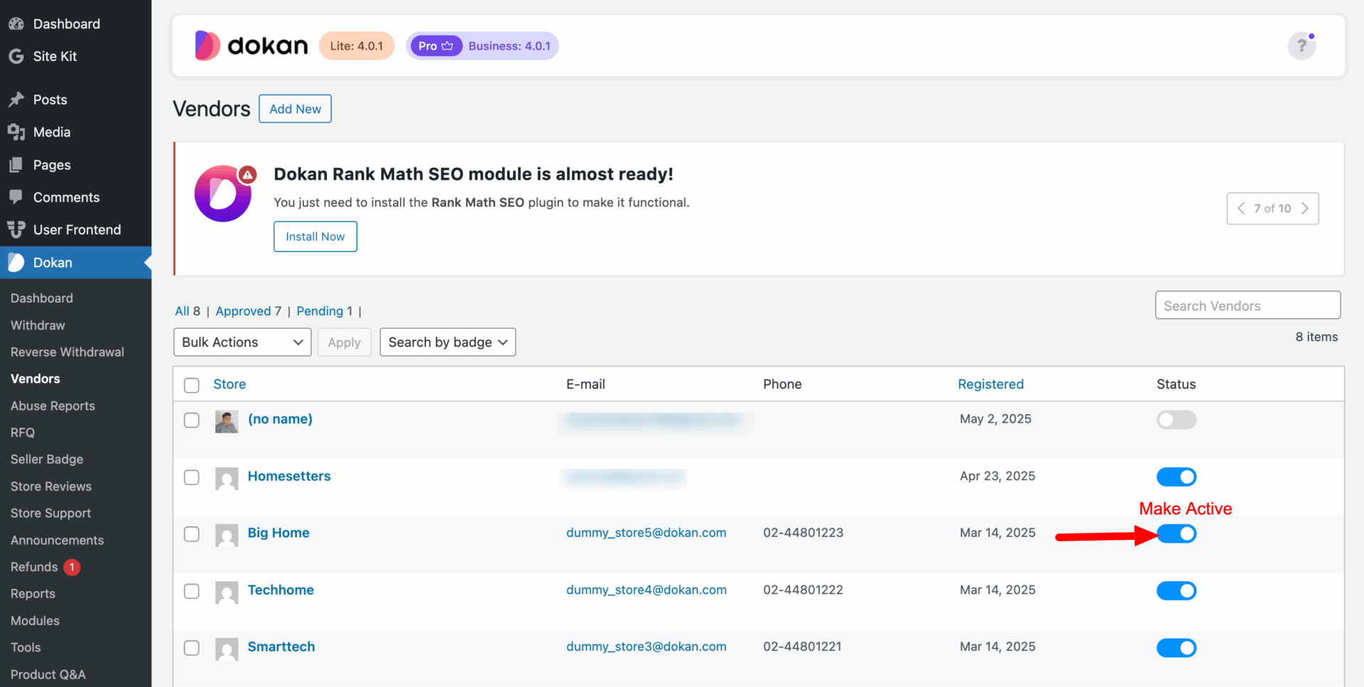 This is a screenshto of active vendors