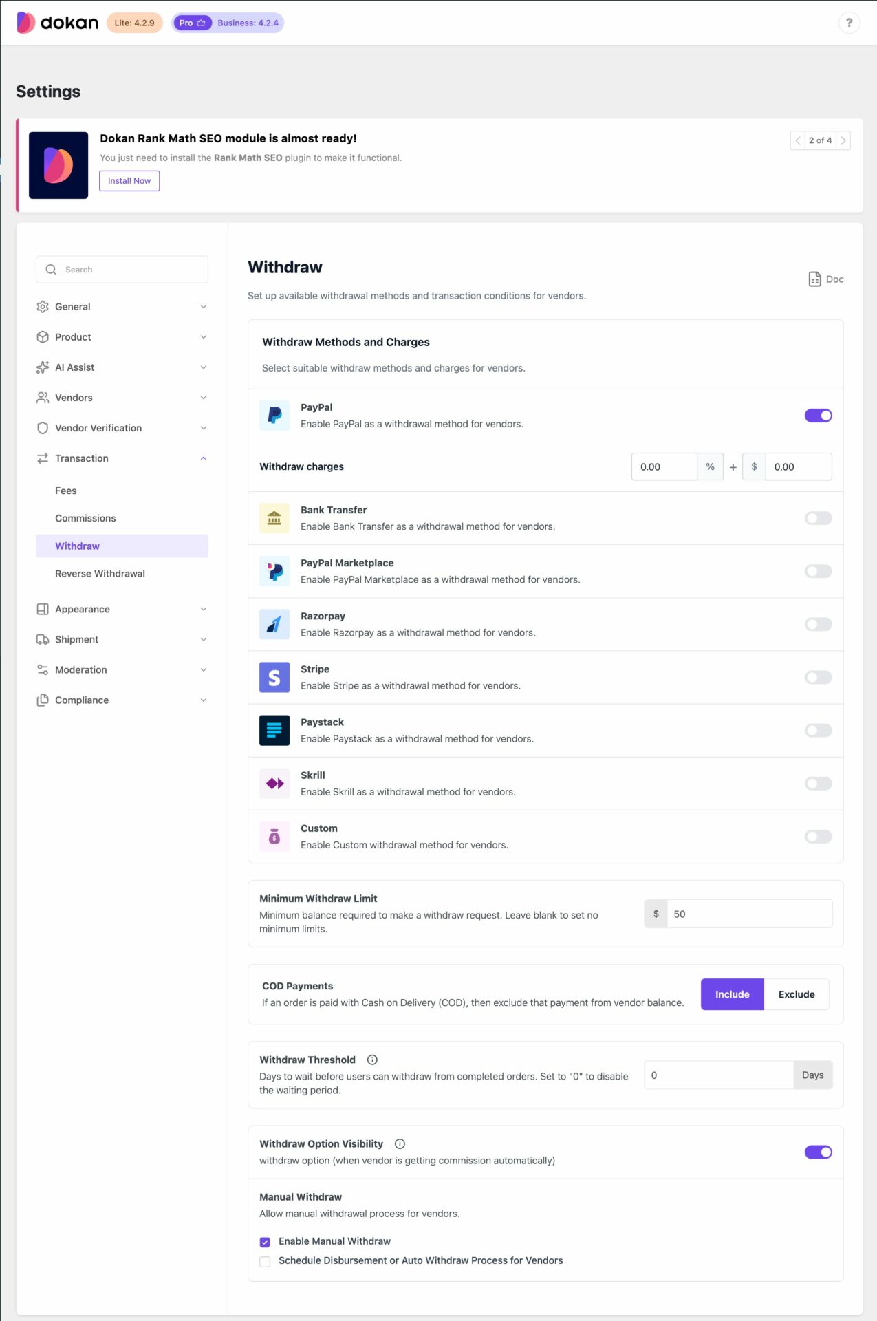This is a screenshot of withdraw methods