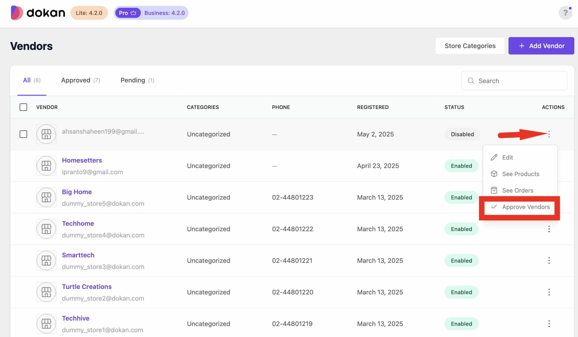 This is a screenshot of vendor list