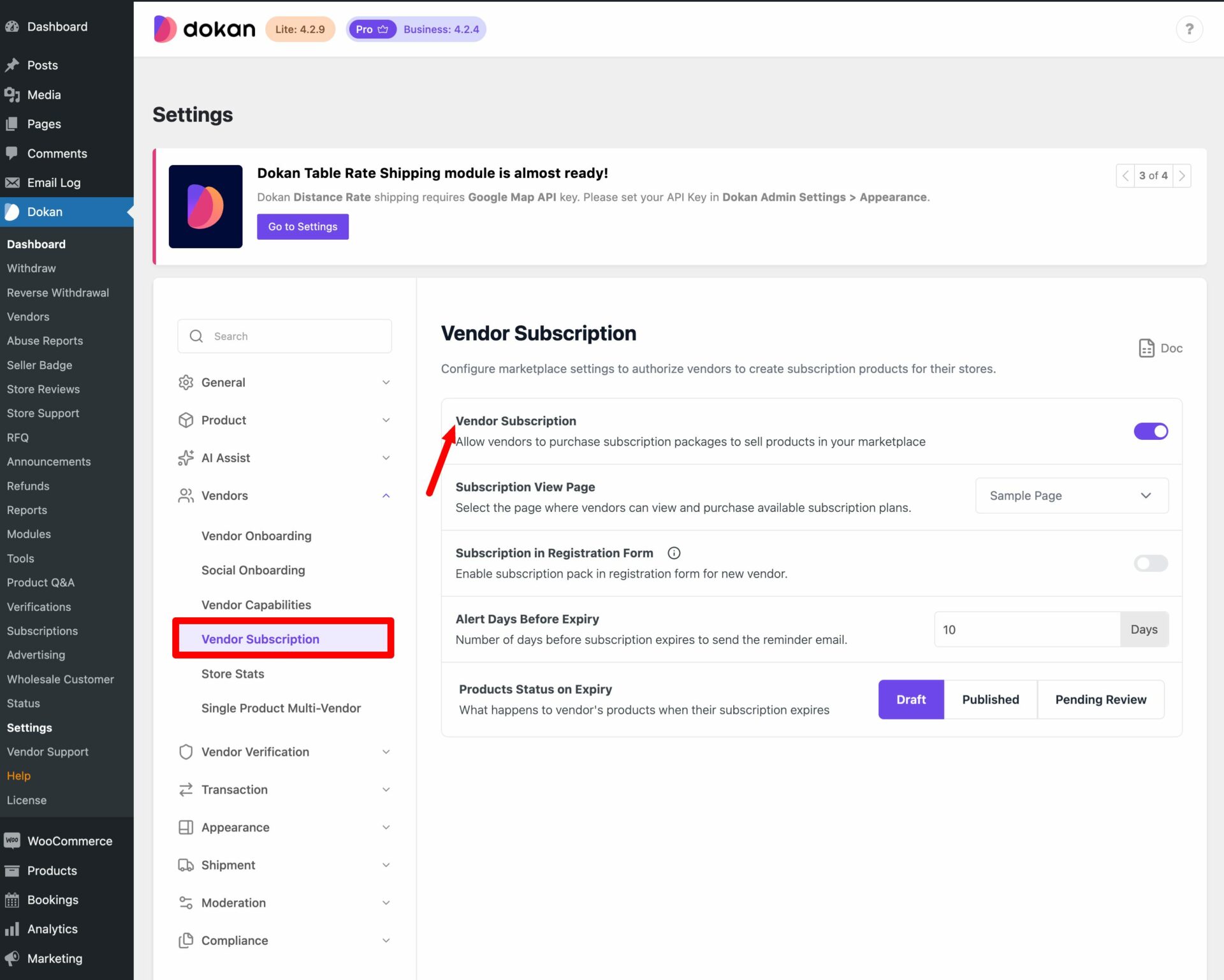 This is a screenshot of vendor subscription