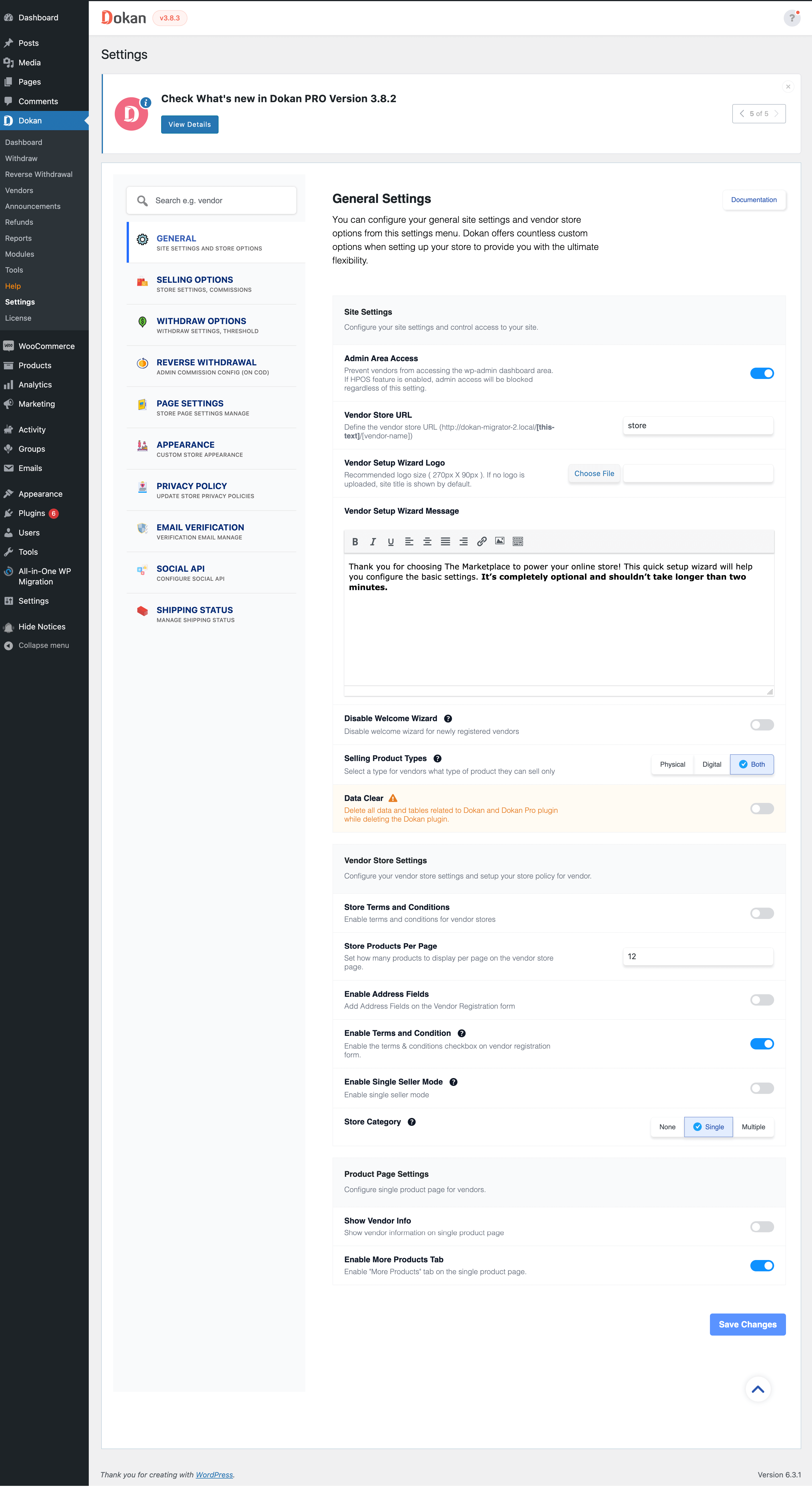 This image shows Dokan General Settings