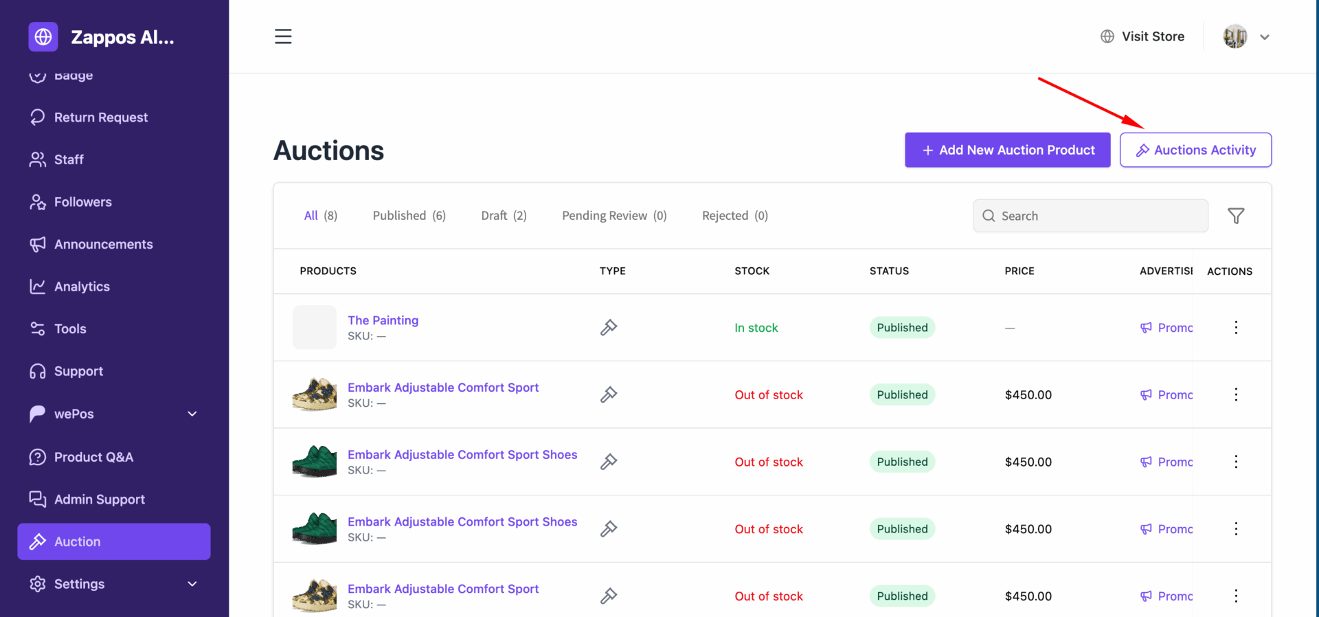 This is a screenshot of auction activity