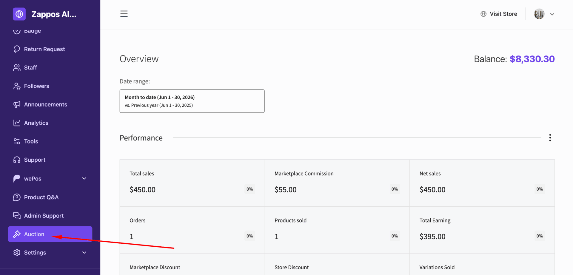 This is a screenshot of auction in vendor dashboard