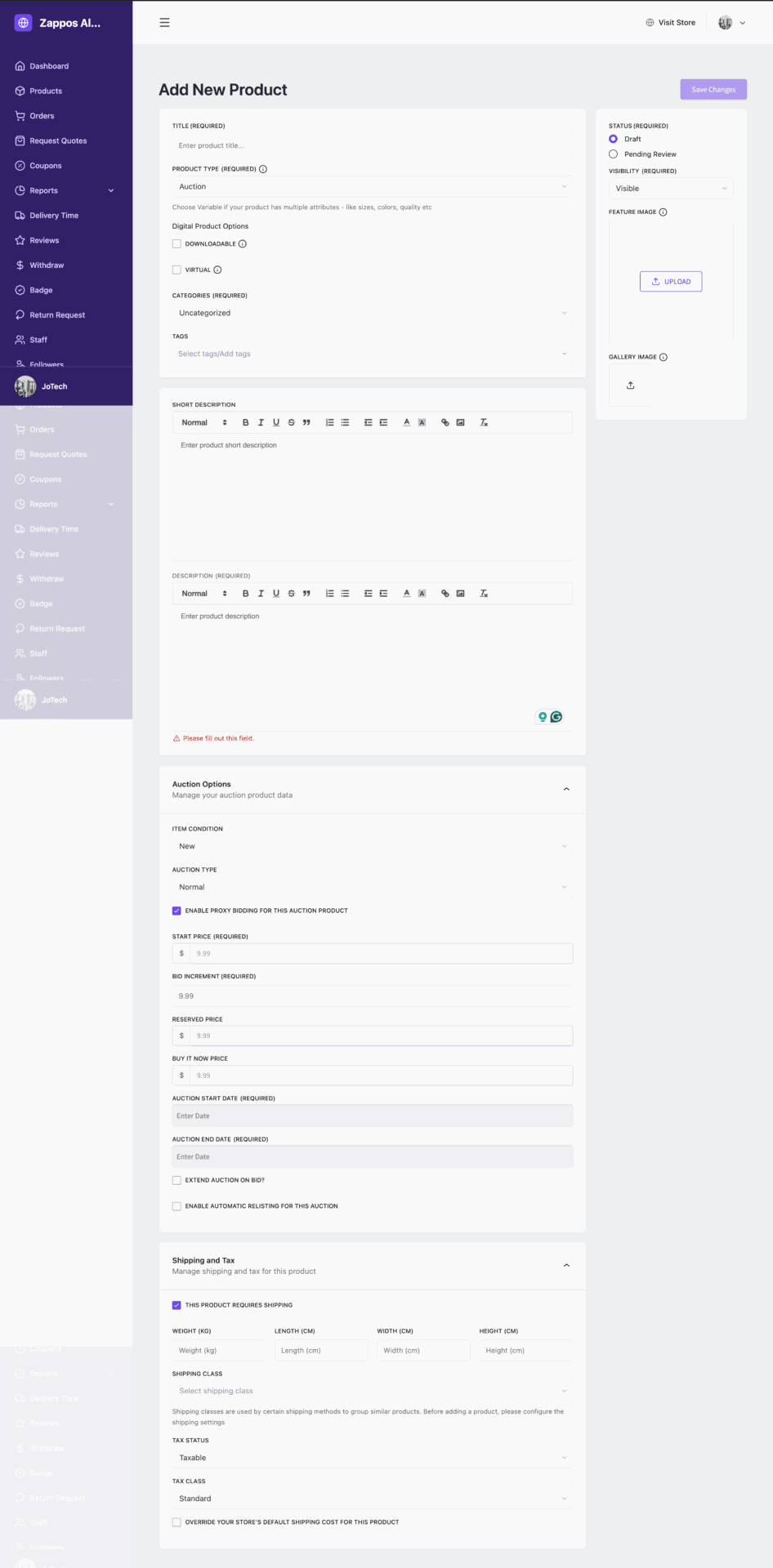This is a screenshot of auction product form
