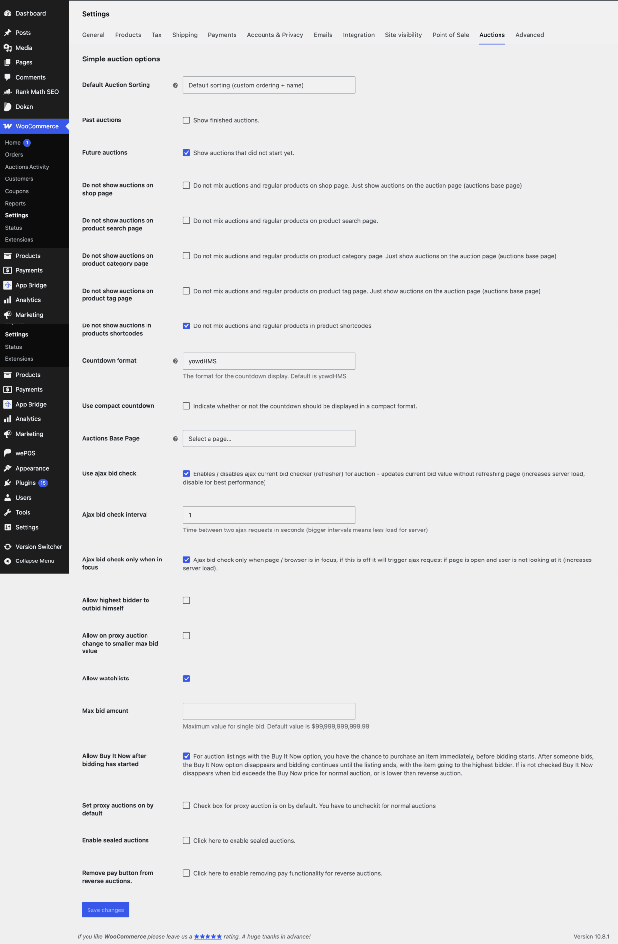 This is a screenshot of auction settings in general