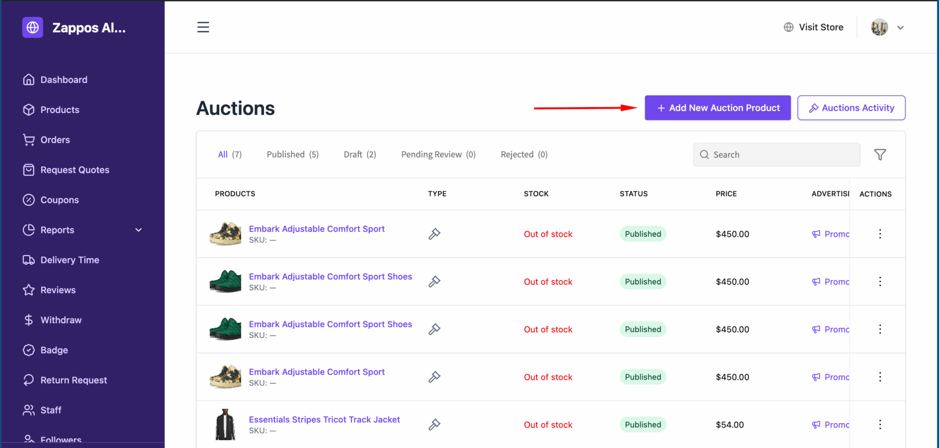 This is a screensnot of add new auction product button