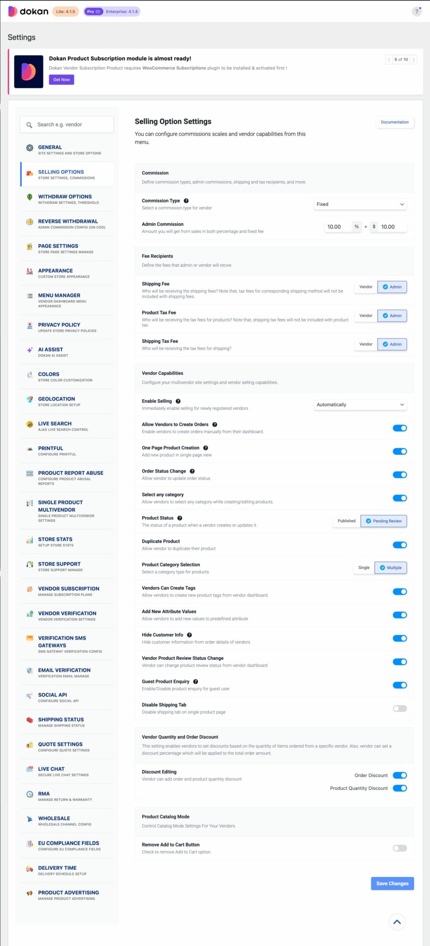 This is a screenshot of Dokan Selling Options