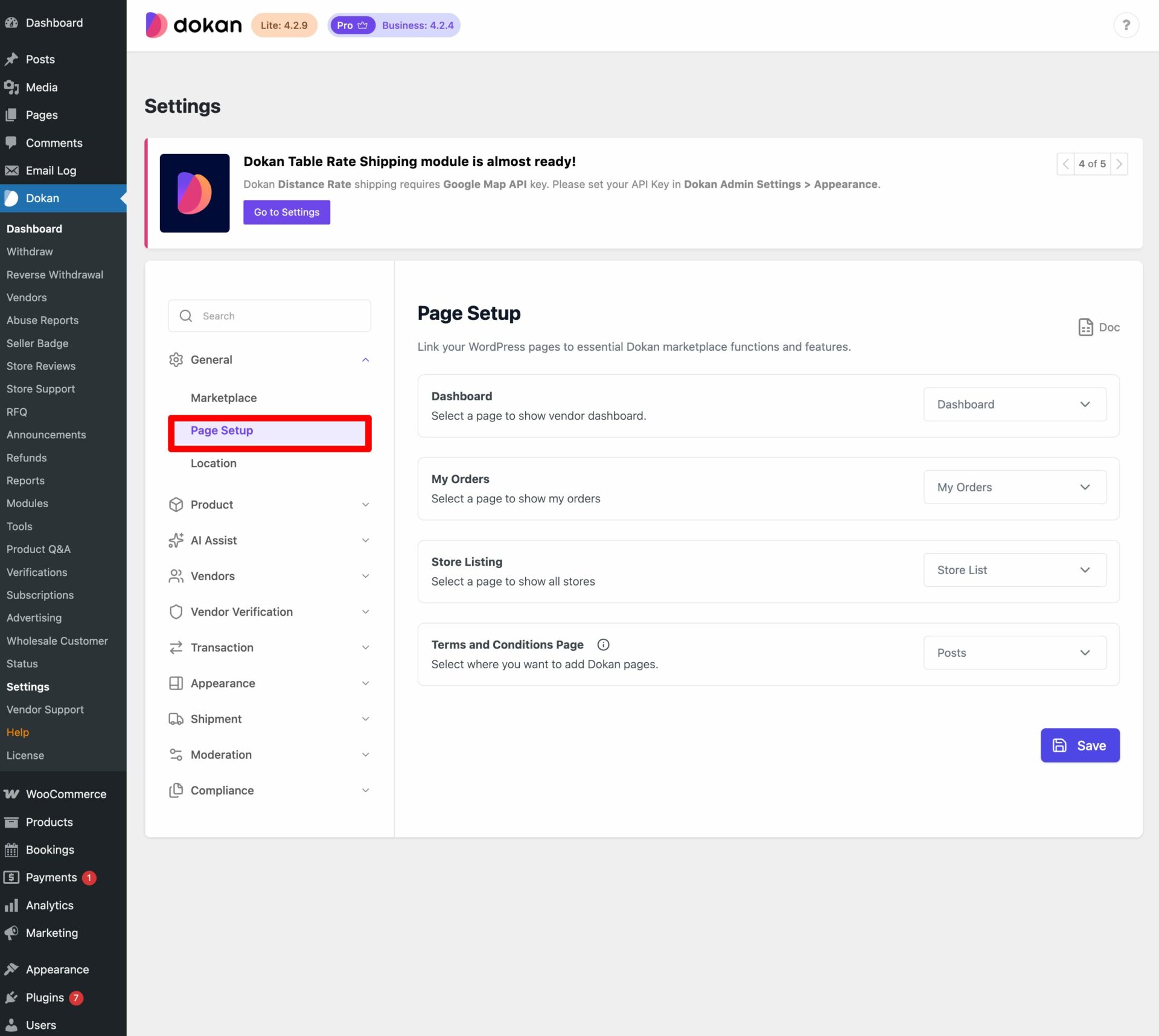 This image shows the Dokan Page Settings