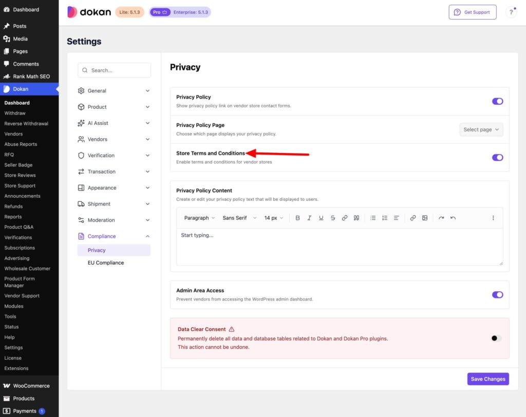 This image shows how to enable store terms and conditions