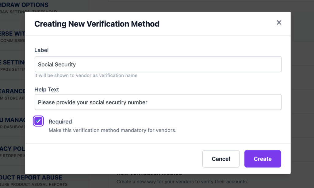 This is a screenshot of creating a new verification method