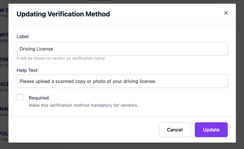 This is a screenshot of editing or updating vendor verification method