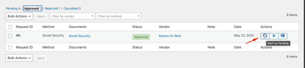 This is a screenshot of mark as pending