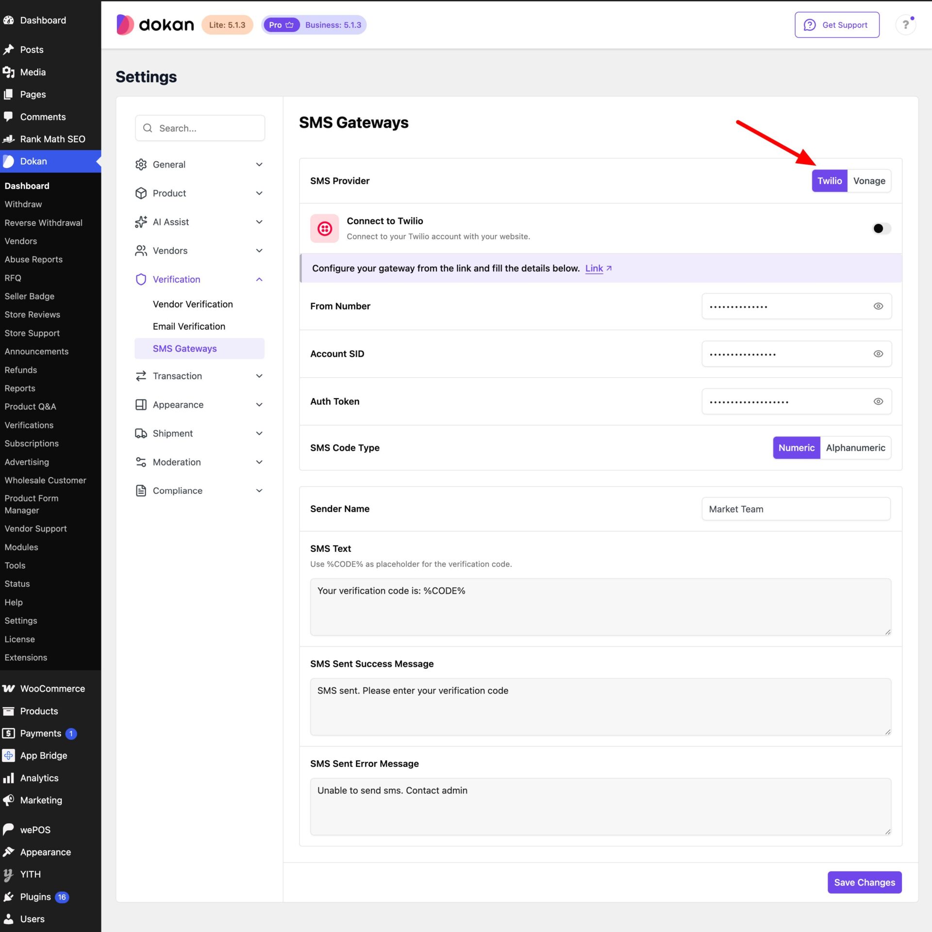 This is a screenshot of vendor verification settings