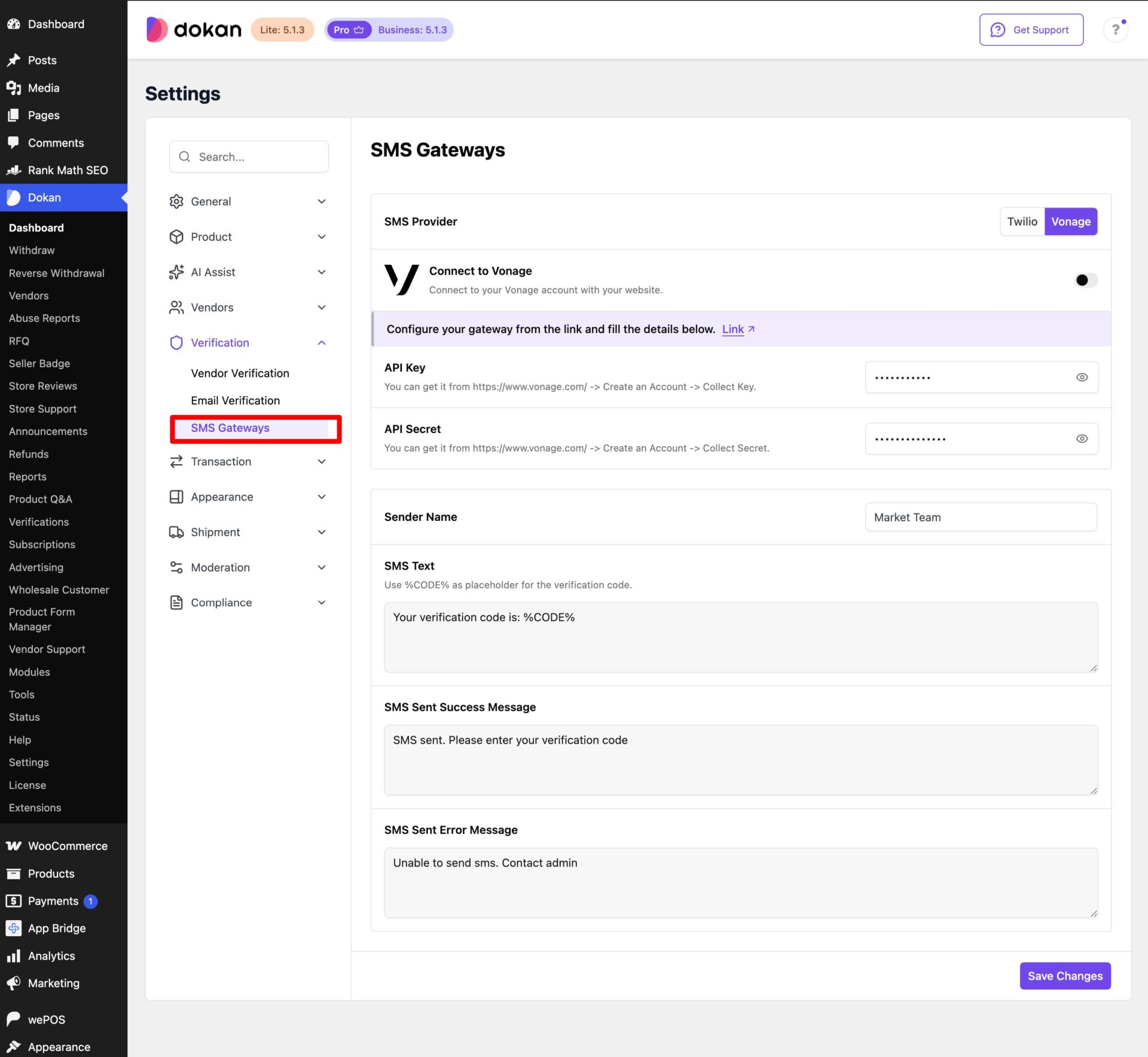 This is a screenshot of vendor verification settings