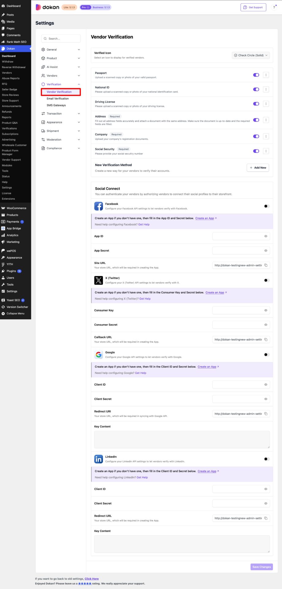 This is a screenshot of vendor verification settings