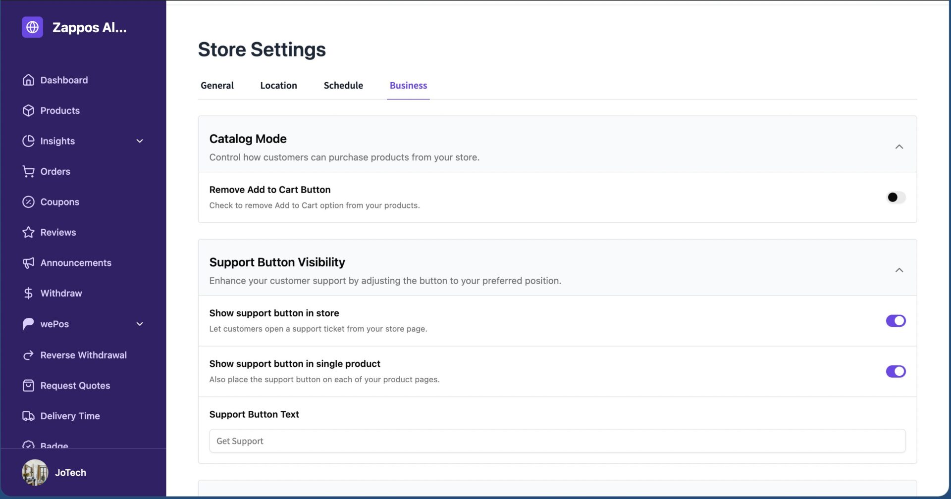 Enable Store Support Button