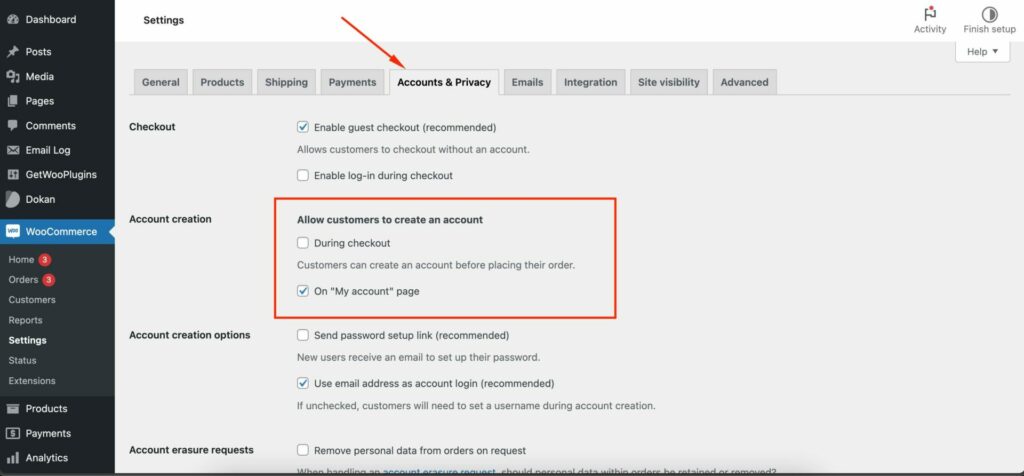 This image shows how to enable vendor registration form from Dokan backend.