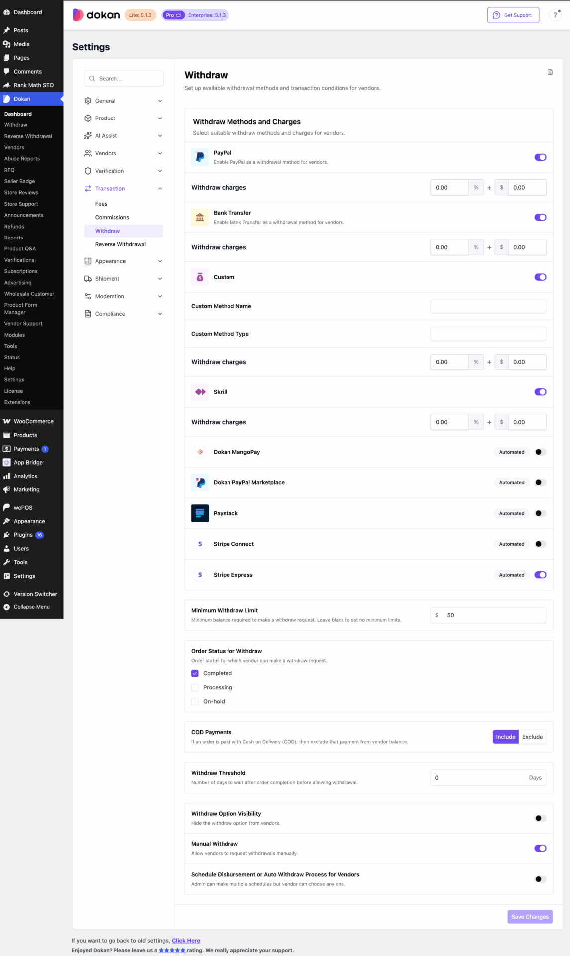 This image shows Dokan Withdraw Options