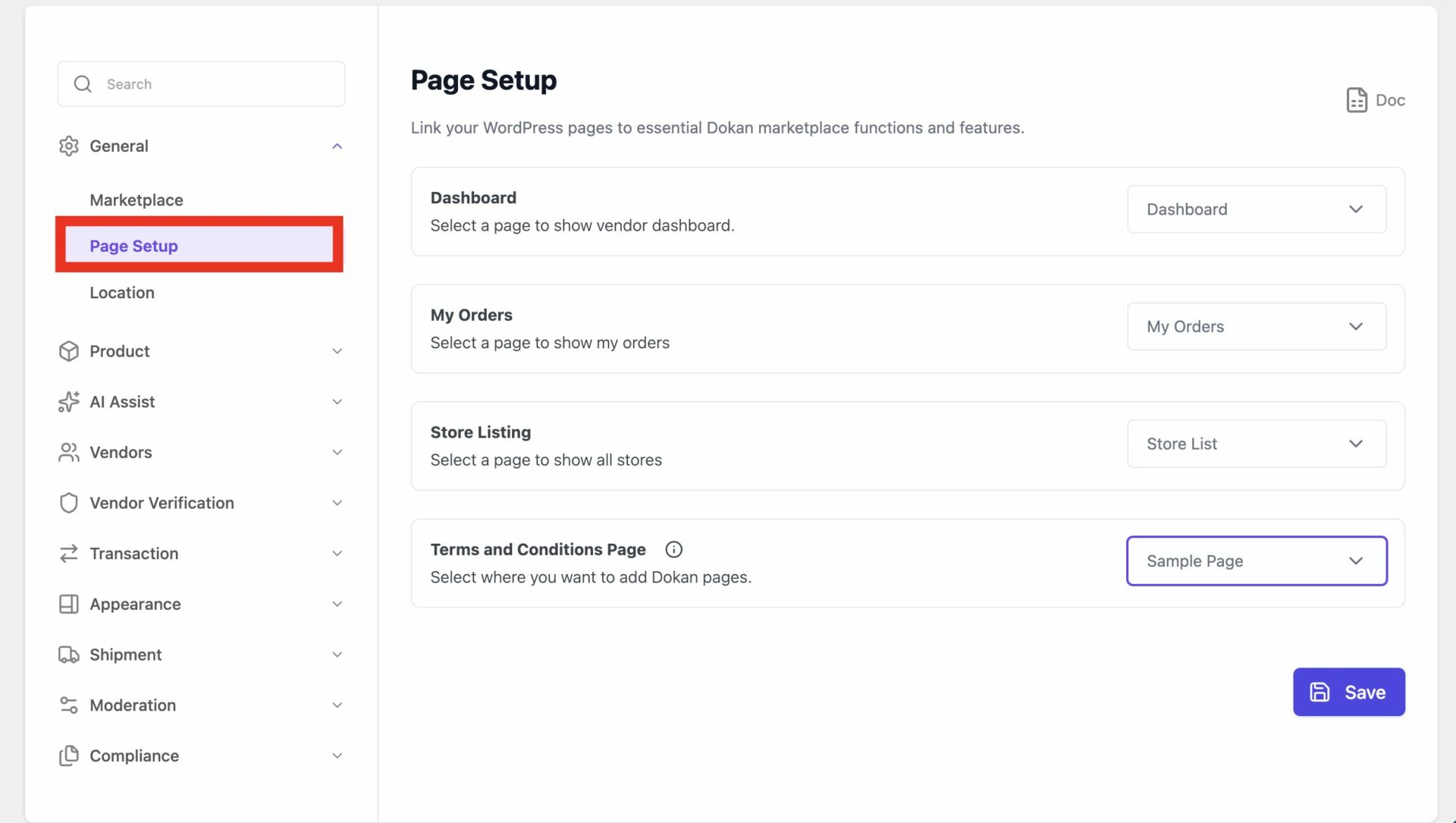 This is a screenshot of Dokan Page Settings