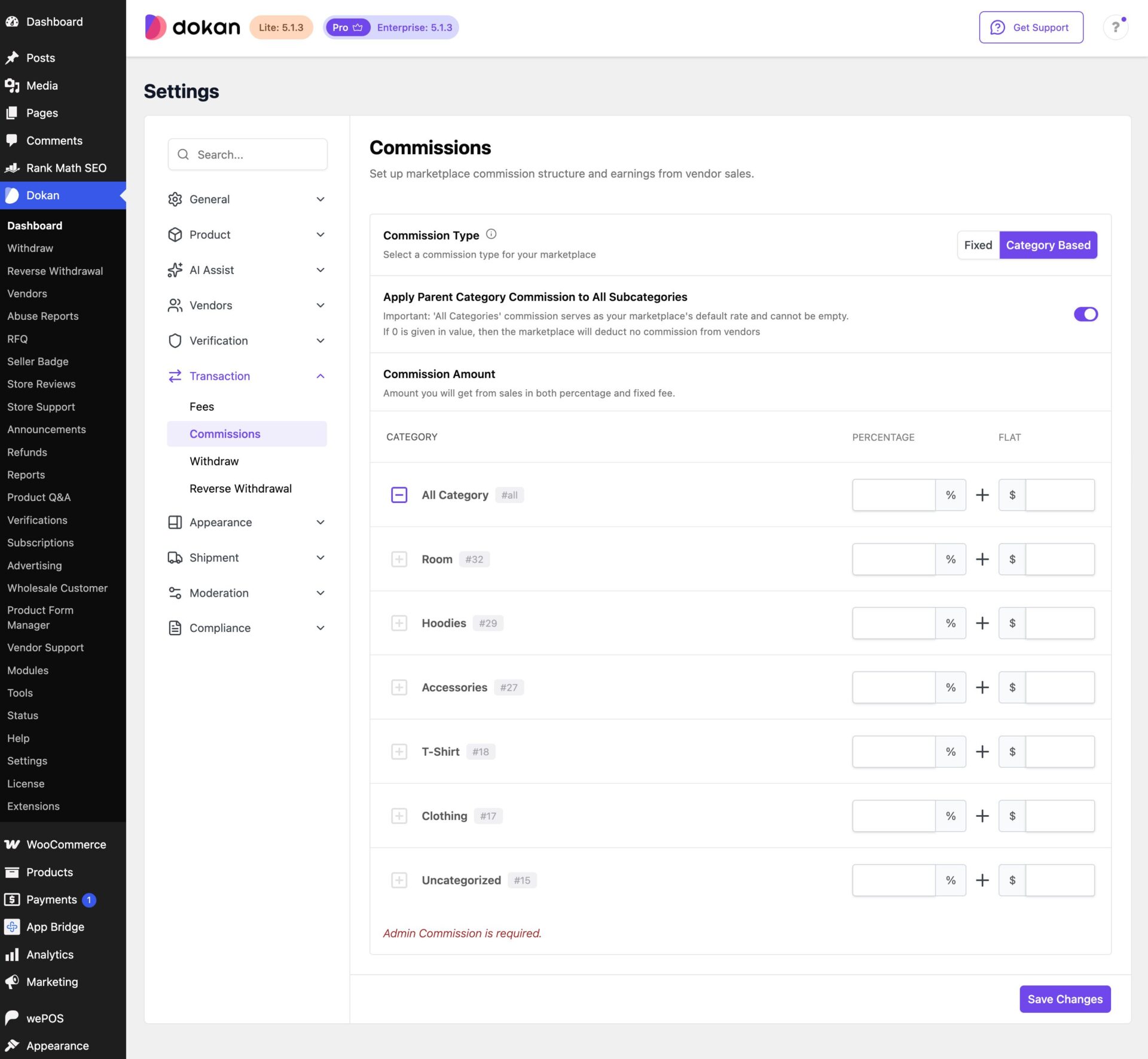 This is a screenshot of category based commission