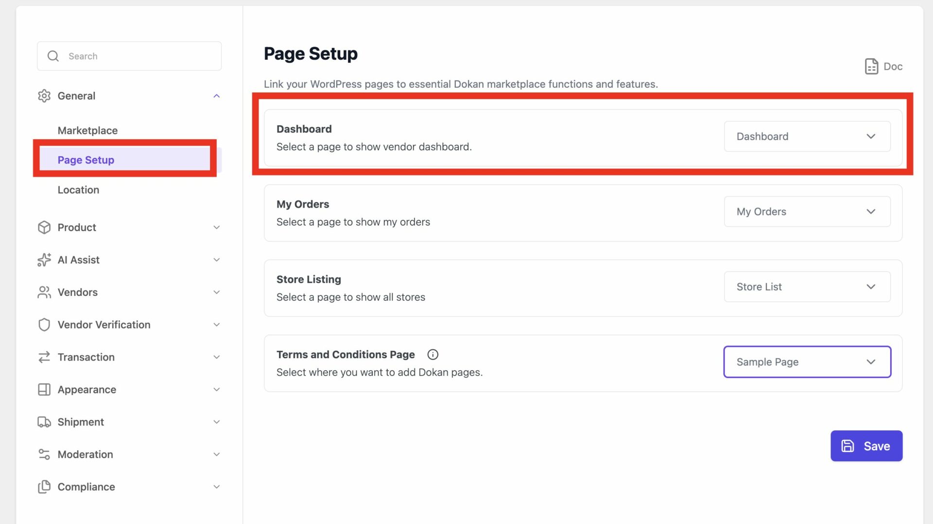 This is a screenshot of Dokan page settings