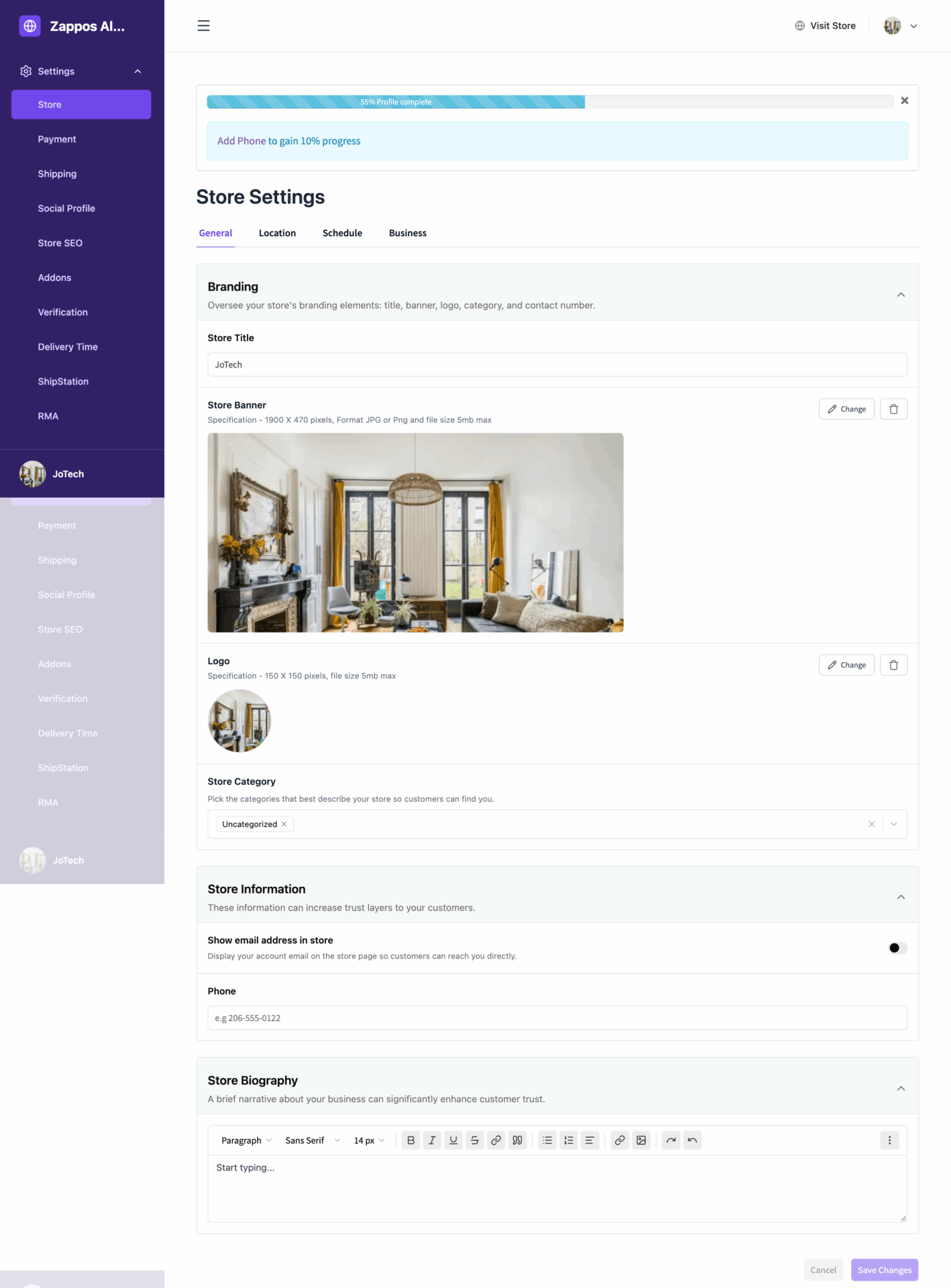 This is a screenshot of a Dokan Vendor Dashboard Settings
