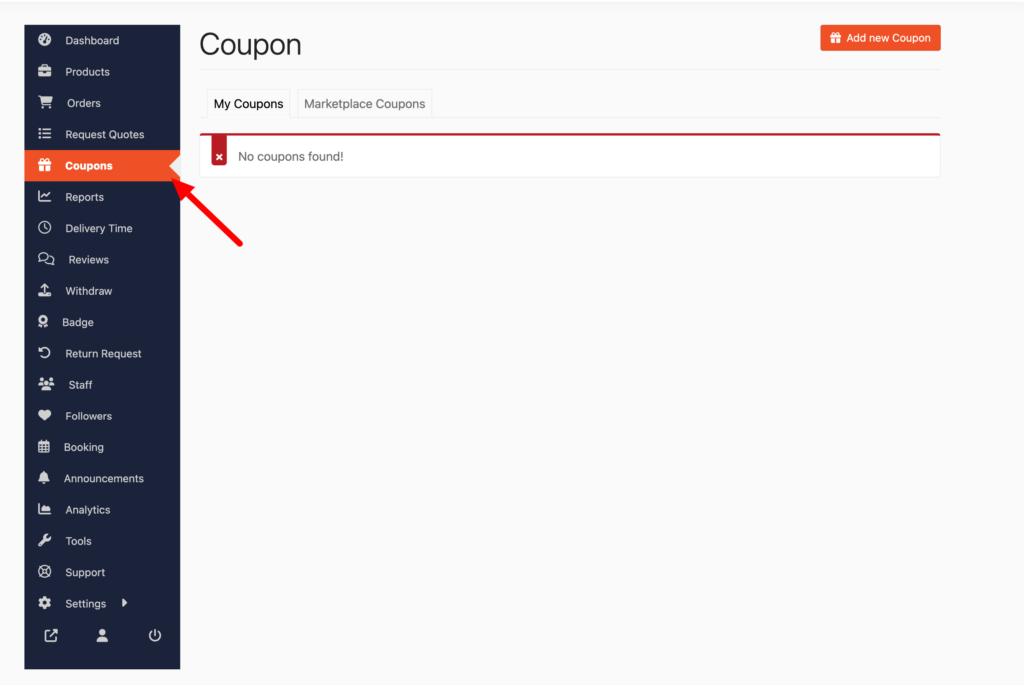 This is a screenshot of coupon section in vendor dashboard
