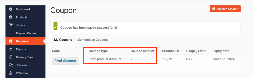 This is a screenshot of creating a fixed product discount coupon