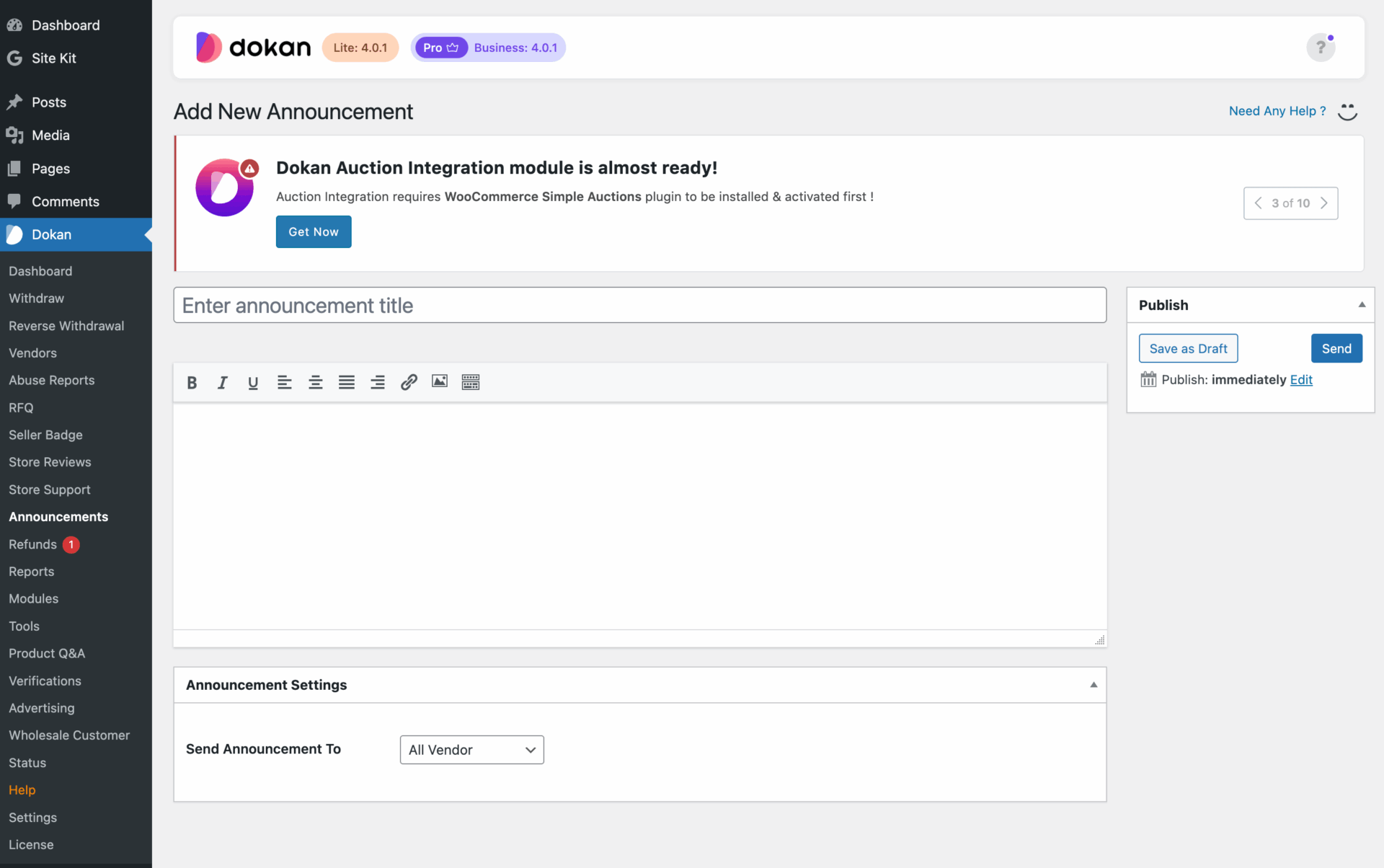 This is a screenshot of creating announcement