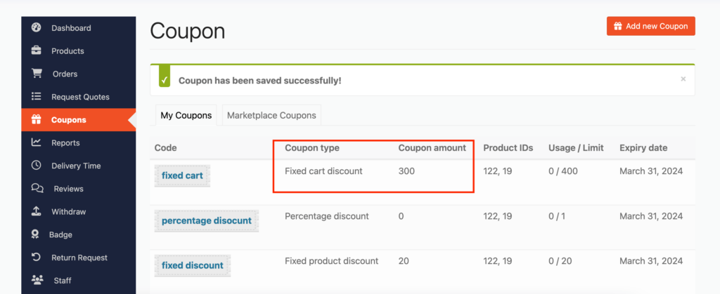 This is a screenshot of fixed cart discount being created