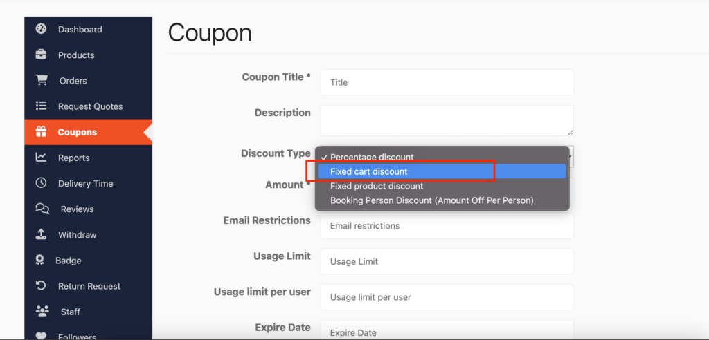 This is a screenshot of fixed cart discount type