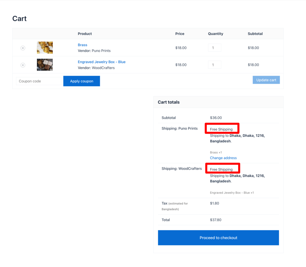 This is a screenshot of free shipping on checkout page in Dokan latest update