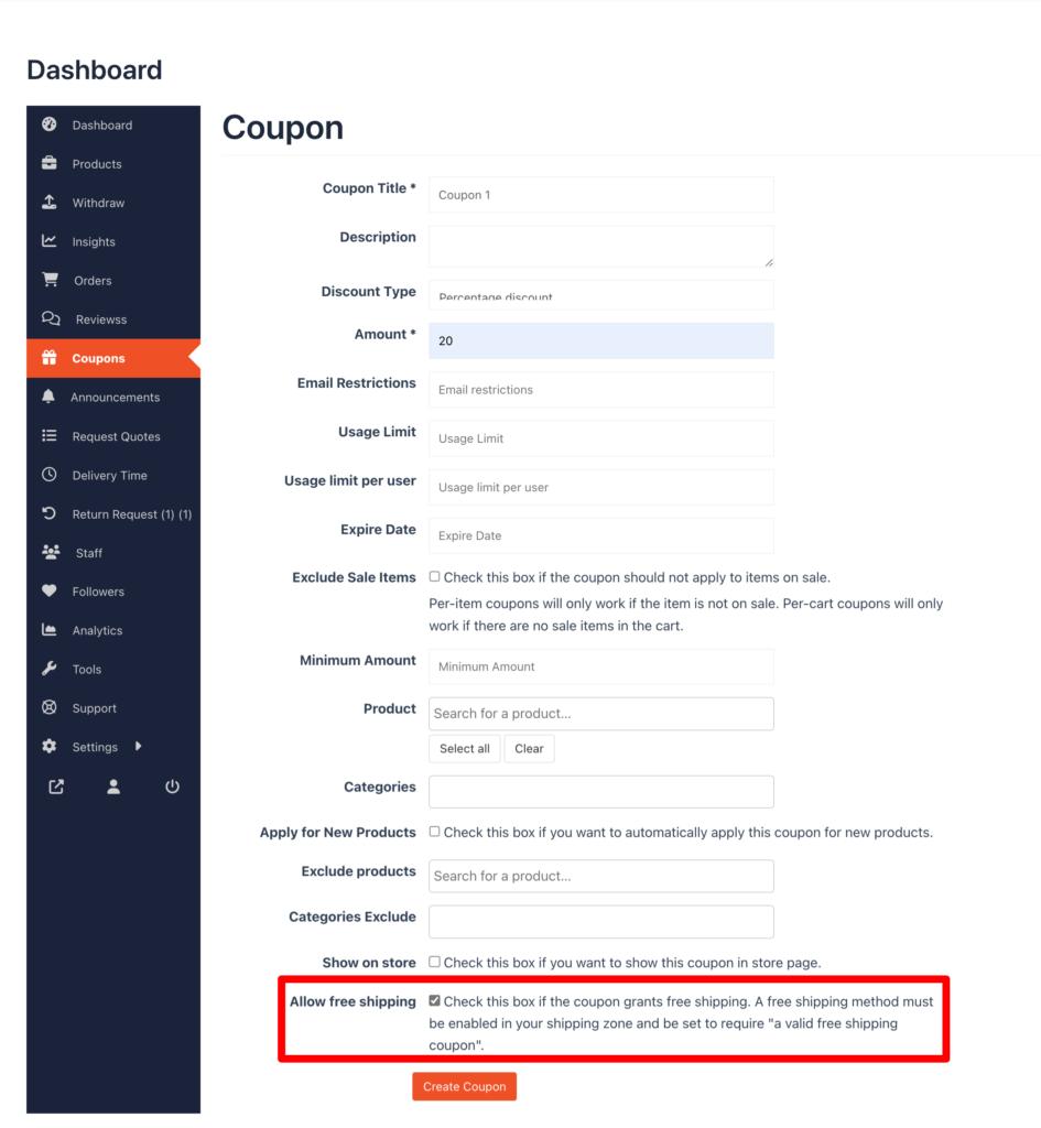This is a screenshot of vendor dashboard enable free shipping coupon