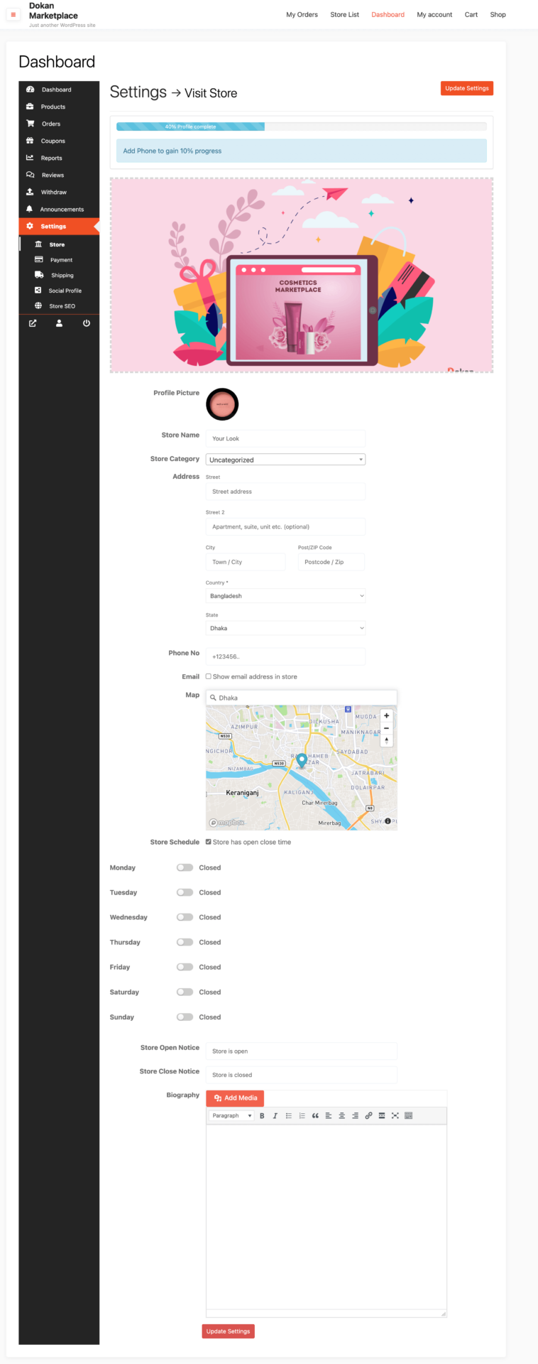 This is a screenshot of a Dokan Vendor Dashboard Settings