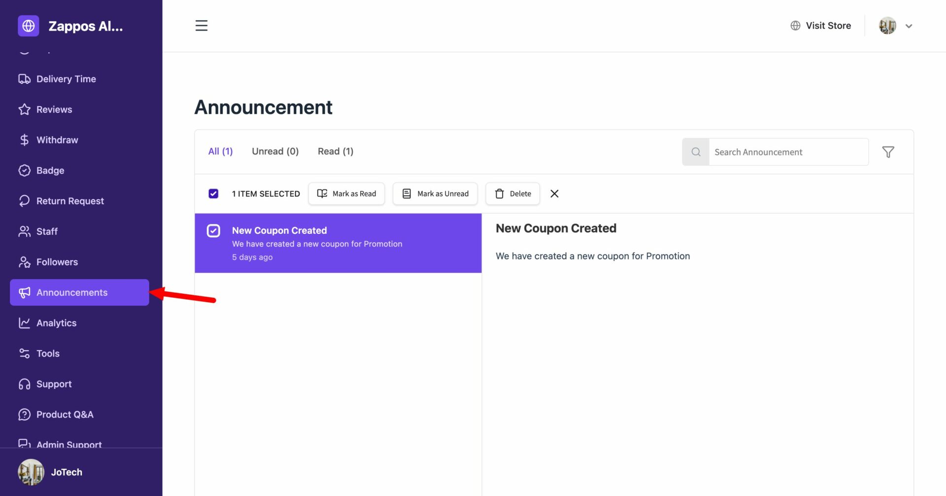 This is a screenshot of announcement