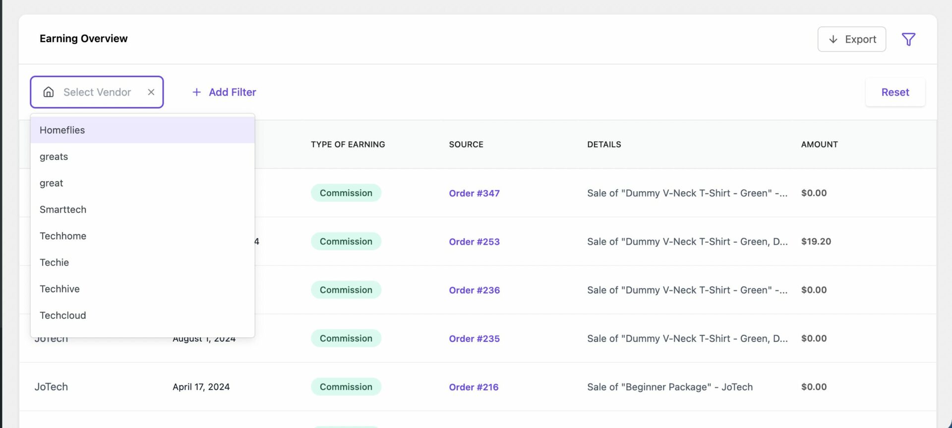 Earning Reports By Vendor