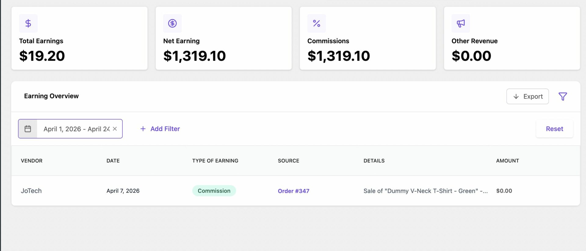 Earning by date range