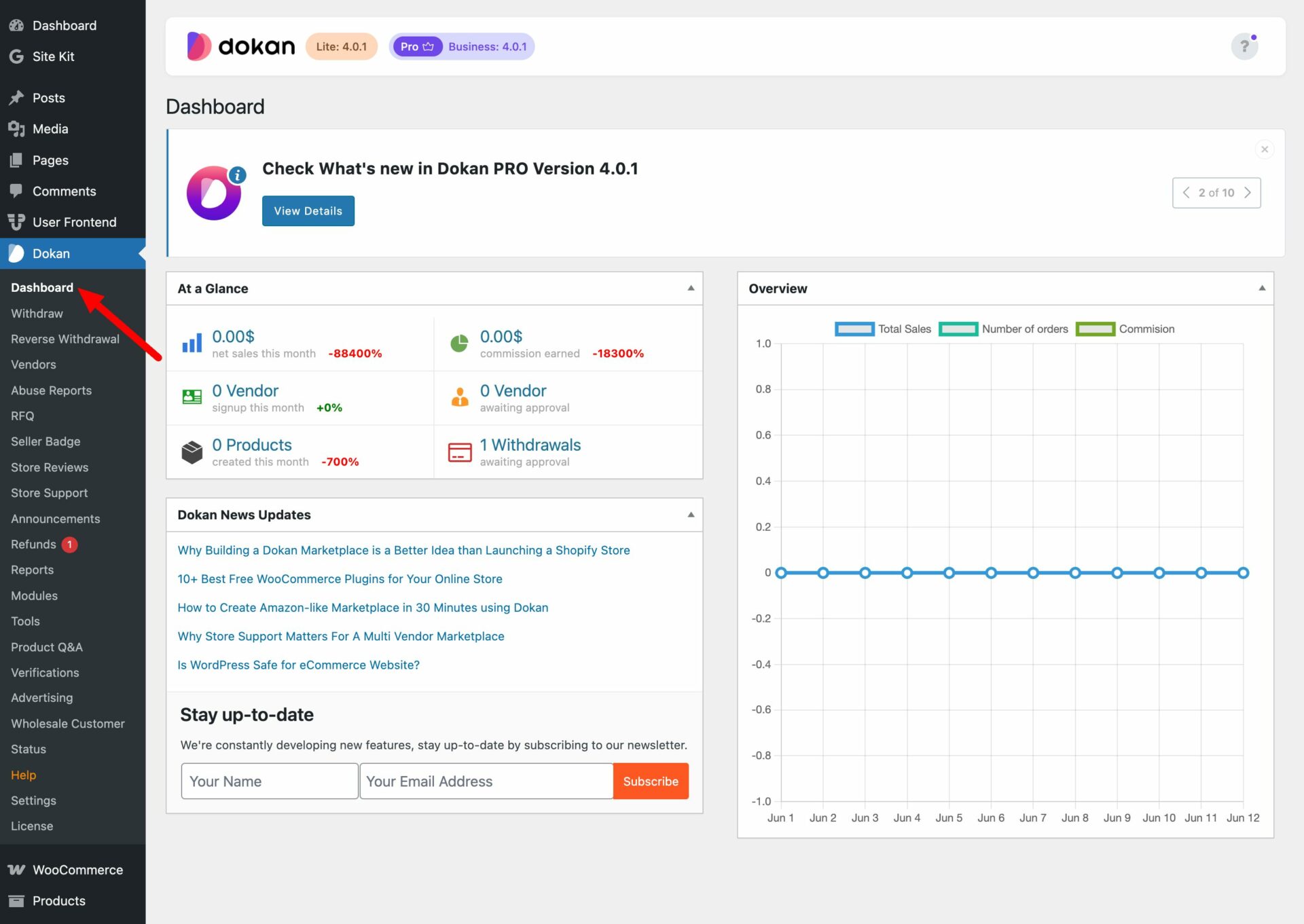 This is a screenshot of the Dokan dashboard