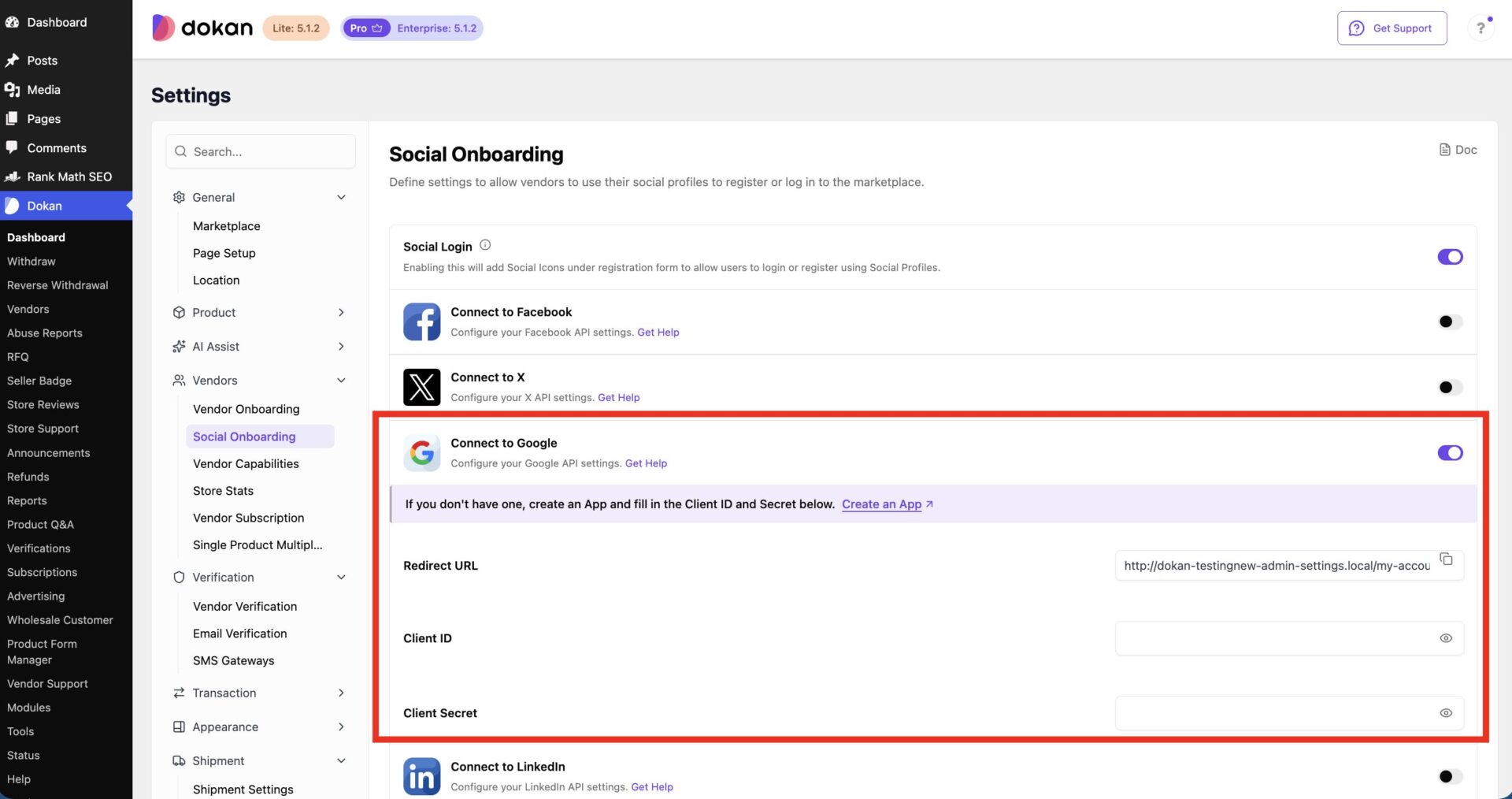 This is a screenshot of dokan settings google api