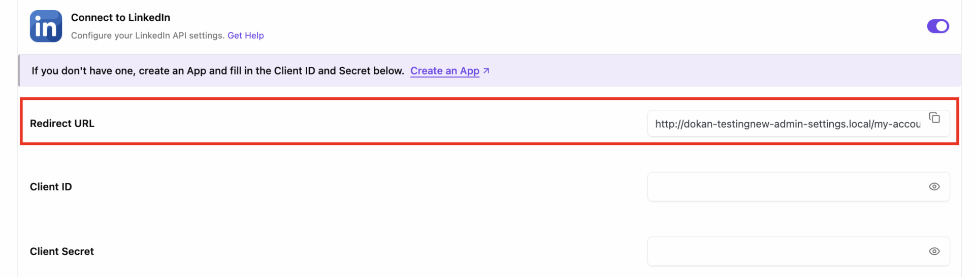 This is a screenshot of Redirect URL