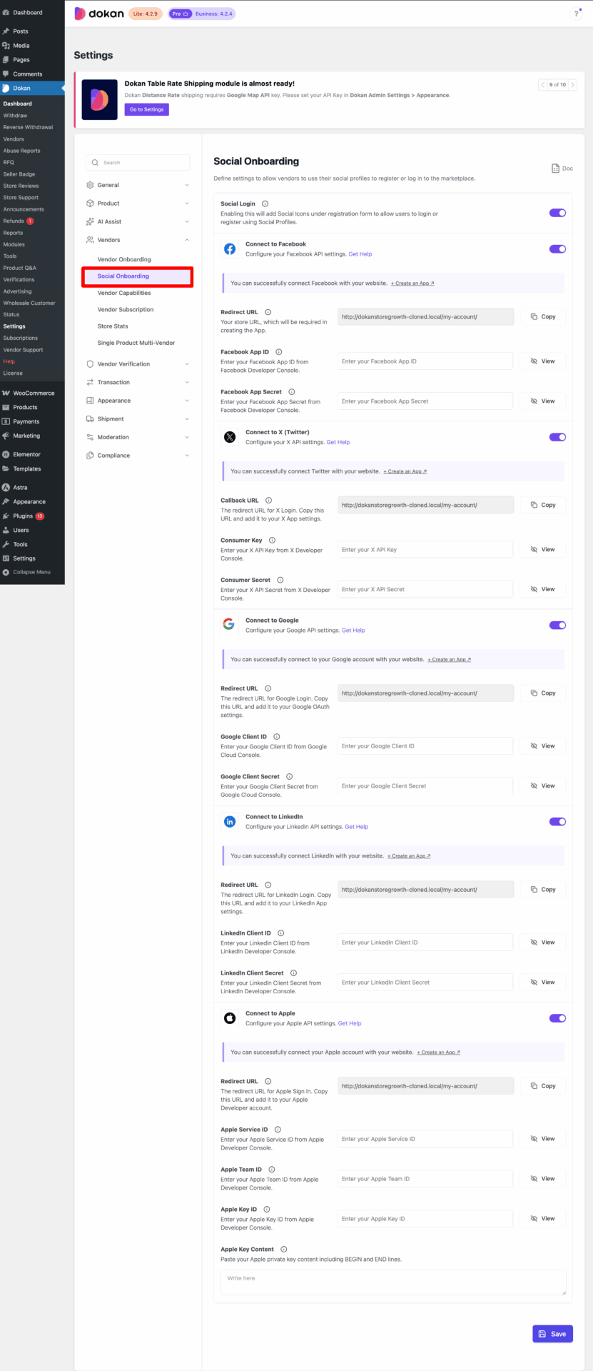 This is a screenshot of Dokan Social api