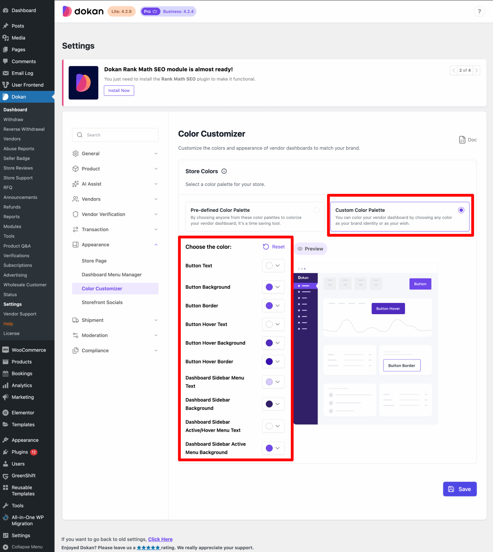 This is a screenshot of custom color pallette