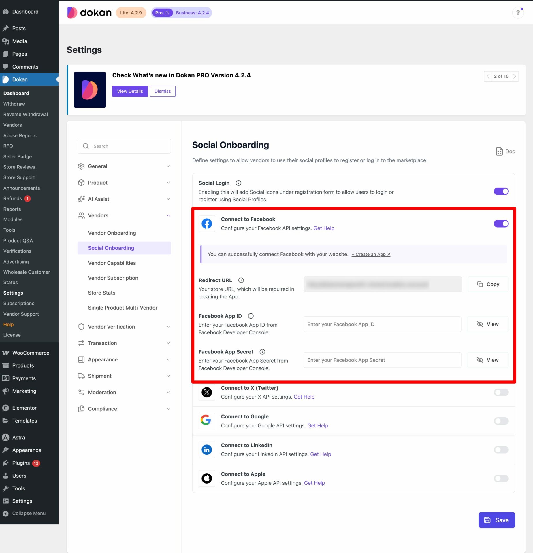 This image shows Enable Facebook Social Login