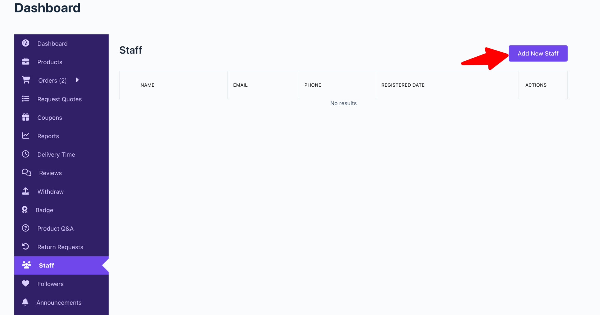 Admin Settings, Vendor Dashboard & Staff Login 3 This is a screenshot of add new staff button