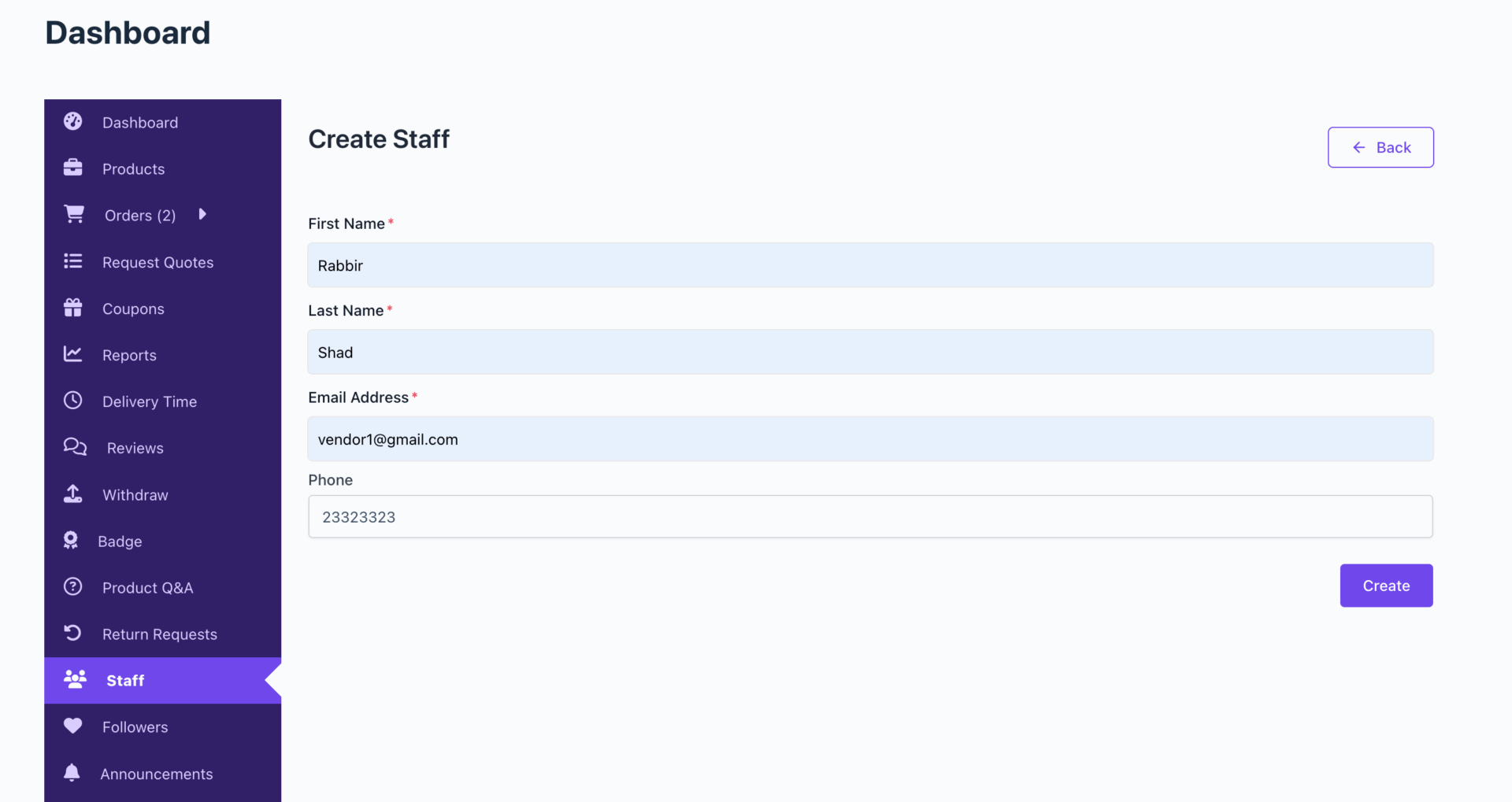 Admin Settings, Vendor Dashboard & Staff Login 4 This is a screenshot of create staff