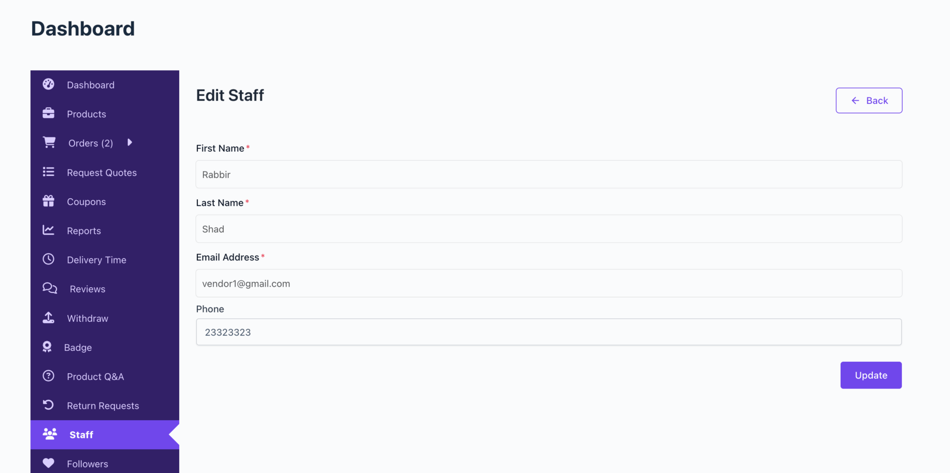 Admin Settings, Vendor Dashboard & Staff Login 6 This is a screenshot of edit m manage staff