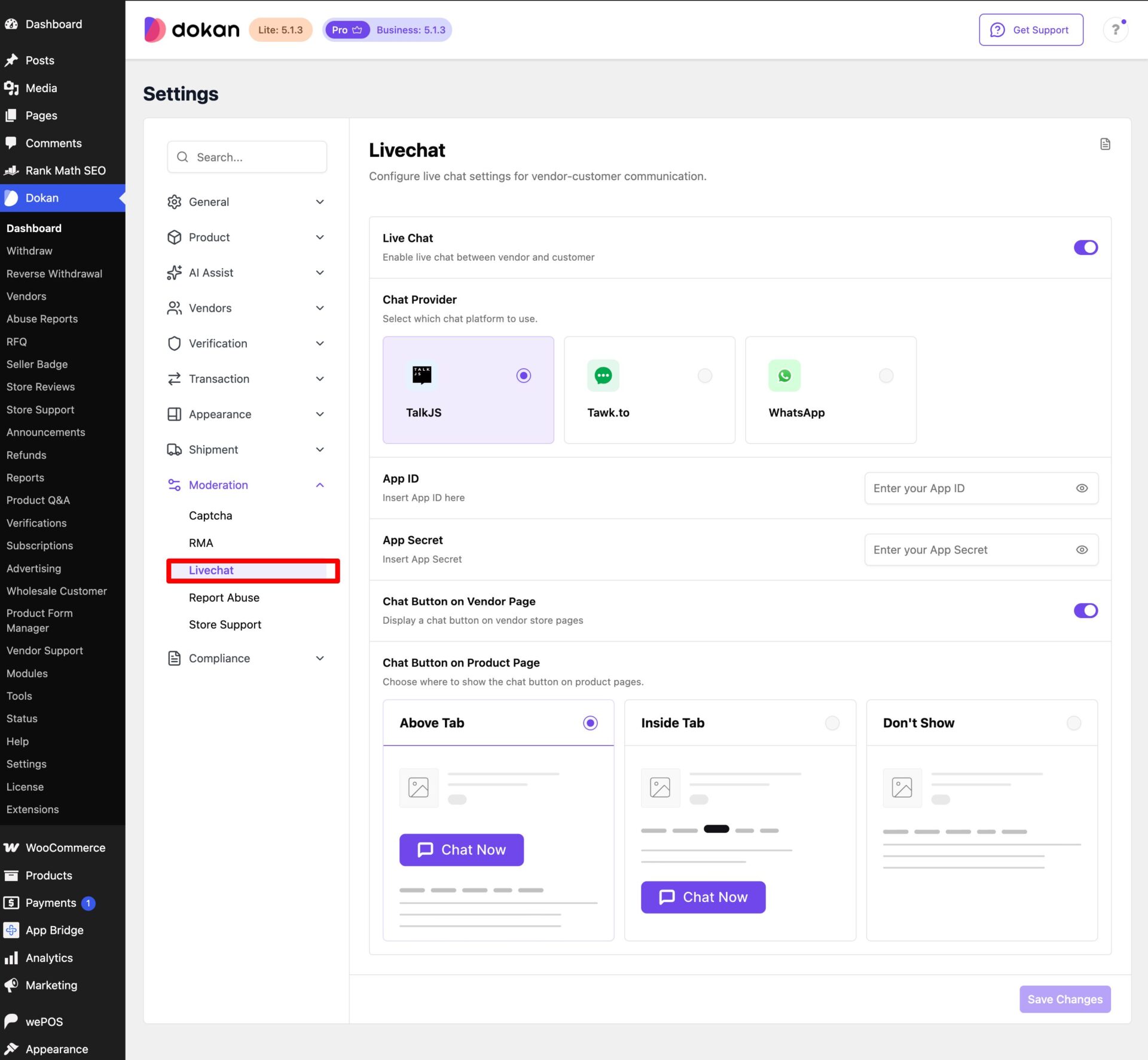 this is a screenshot of liva chat settings