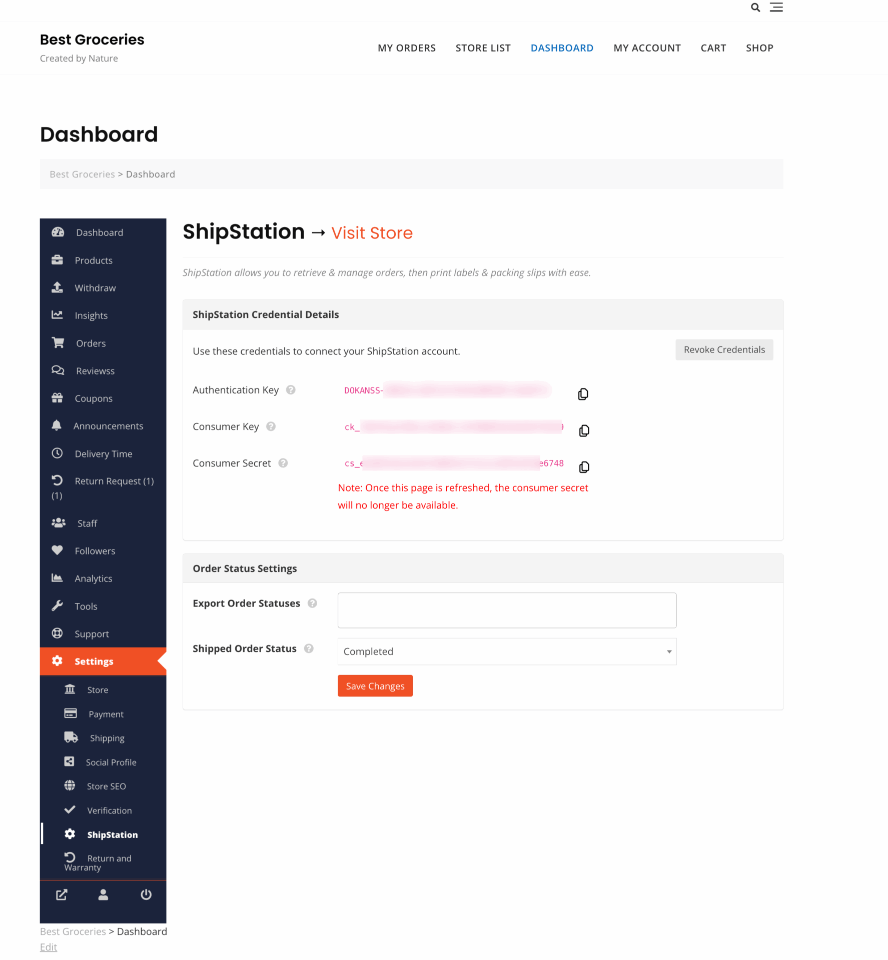 This is a screenshot of keys generated in the vendor dashboard